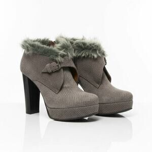 Studio Pollini Grey Faux Fur Platform Heels Herringbone Buckle Booties 38 US 7.5